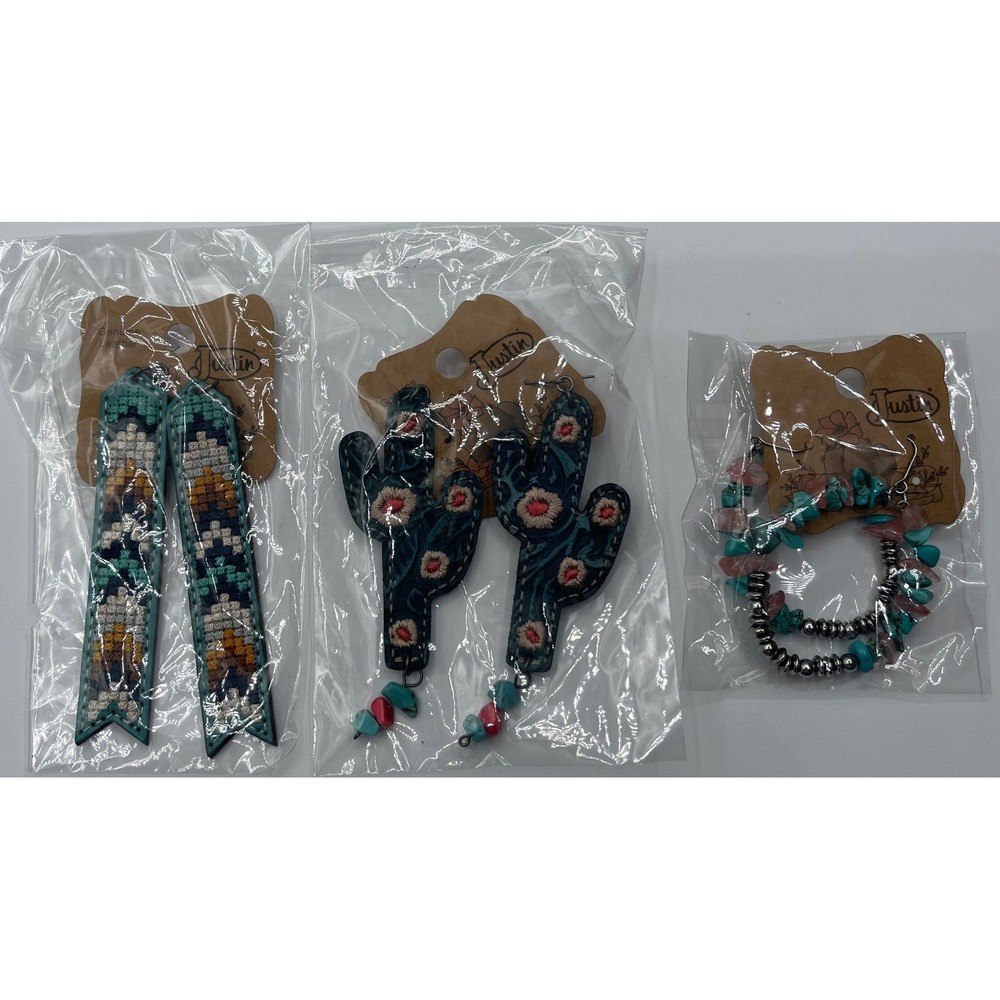 Justin Western Earrings Bundle 3 Pairs Leather Cactus Geometric Beaded Teal